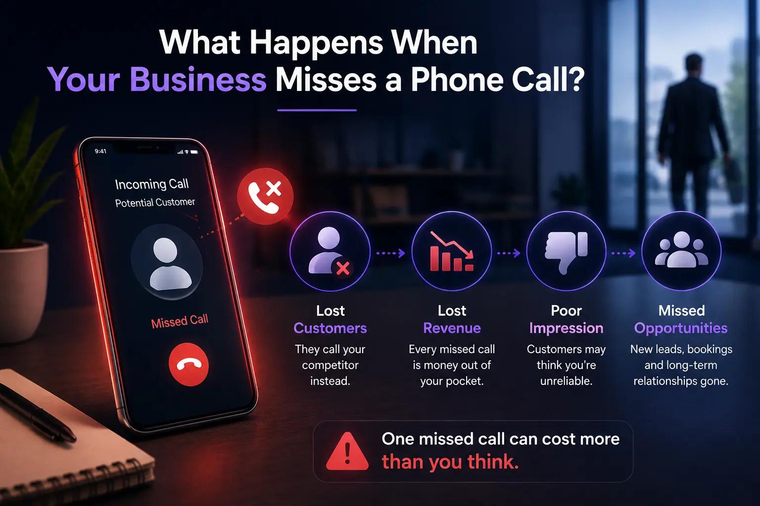 Business owner looking at a missed phone call notification while potential customers are lost, highlighting the impact of unanswered business calls.